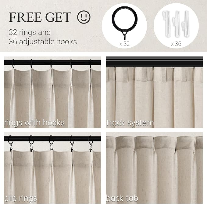 Topfinel 96 Inches Long Pinch Pleated Semi Sheer Curtains, Oatmeal Linen - Image 2