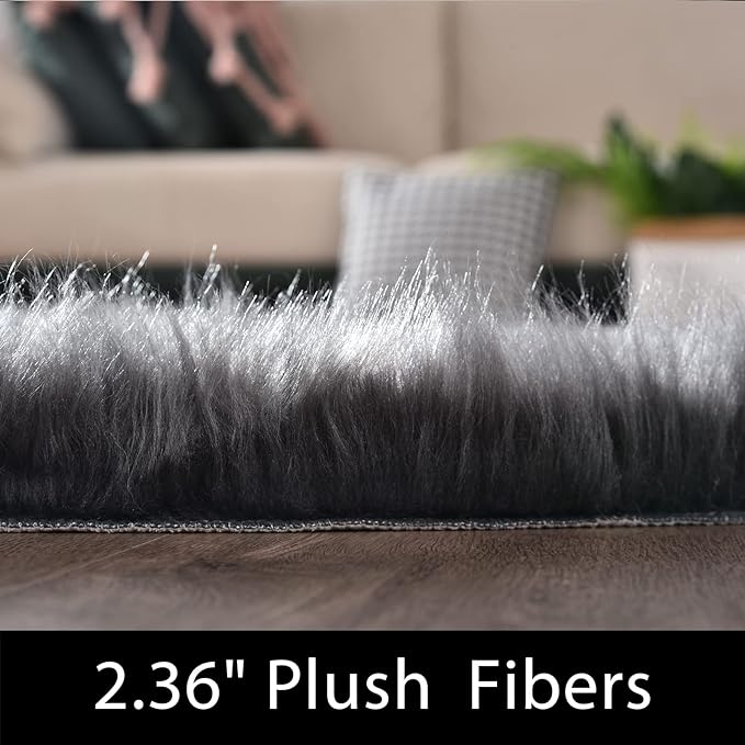 Latepis Dark Grey Fur 3x5 Area Shaggy Bedside Faux Sheepskin Rug - Image 3