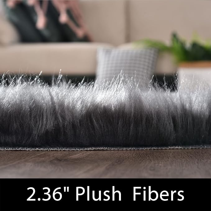 Latepis Dark Grey Faux Fur 4'x5'10" Area Rug, Soft Plush Faux Fur Sheepskin Rugs - Image 2