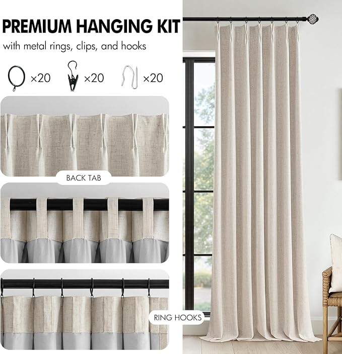MIULEE Beige Pinch Pleated 100% Blackout Linen Curtains 40x108 Inches | Room - Image 8