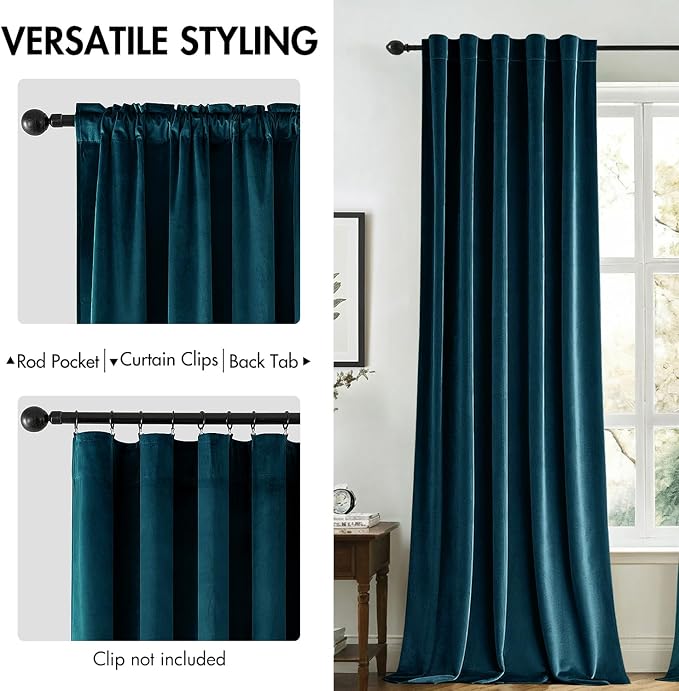 MIULEE Peacock Blue Velvet Blackout Curtains 52x108 inches 2 Panels | Luxury - Image 2