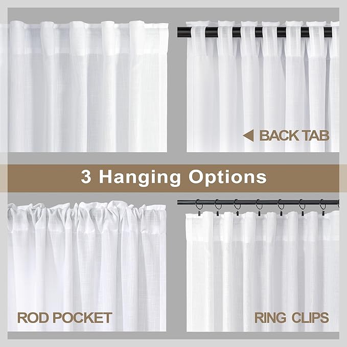 White Curtains 60 Inch Wide for Living Room Extra Large Linen Drapes Semi Sheer - Image 5