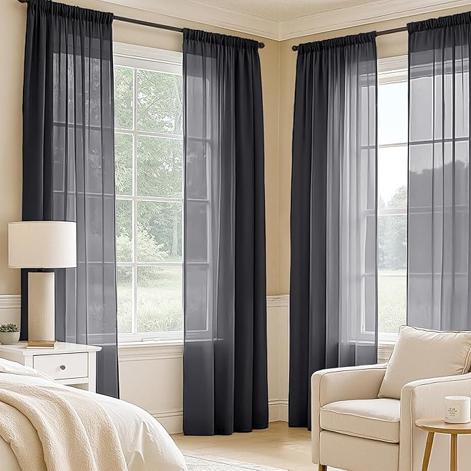 MIULEE Black Sheer Curtains 72 Inches Long 4 Panels 42 x 72 Inches | Light - Image 2