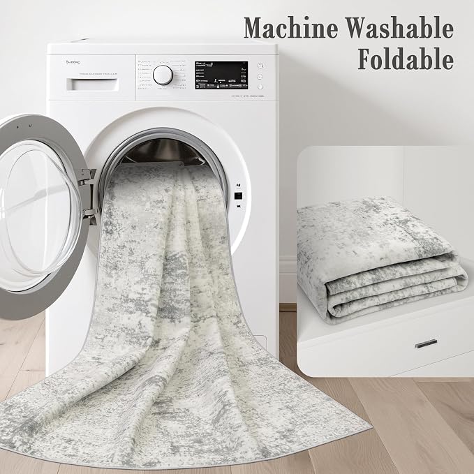 2x5 Washable Runner Rug：Modern Abstract Kitchen Soft Carpet Gray | - Image 6