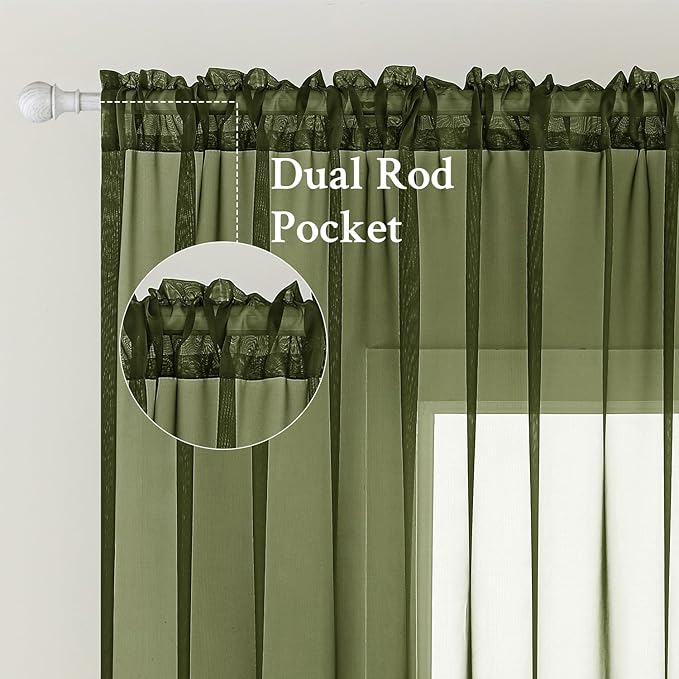MIULEE Olive Green Sheer Curtains 54 X 90 Inches, 2 Panels | Solid Color - Image 2