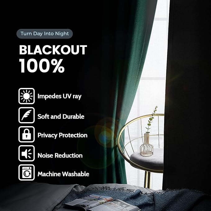 SimpleHome Dark Green 100% Blackout Curtains Room Darkening Living Room 63 | - Image 3