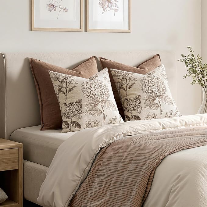 Set of 2 Euro Floral Pillow Covers 24x24 Inch Light Brown | Decorative Neutral - Image 6