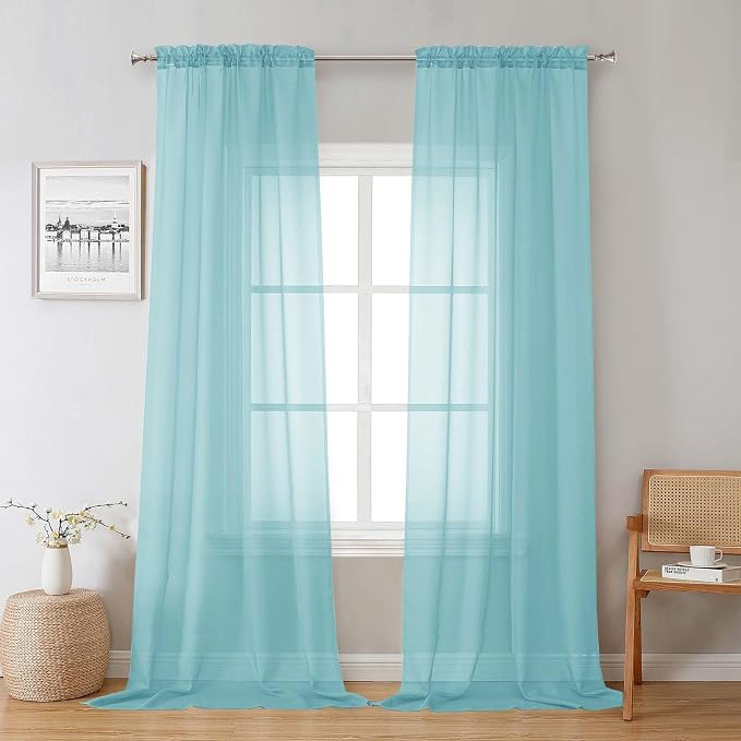 Aqua Sheer Curtains for Living Room 96 Inches Long 2 Pcs, Dual Rod Pockets by Lecloud