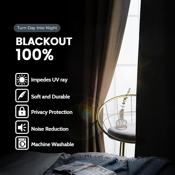 SimpleHome Khaki 100% Blackout Curtains Room Darkening Living Room 63 Inch | - Image 3
