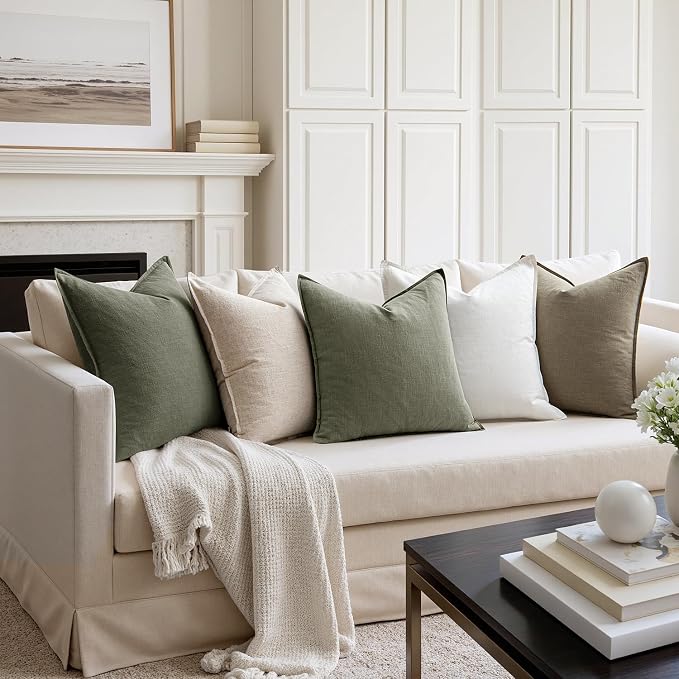 MIULEE Decorative Linen Pillow Covers 20x20 Inch Olive Green | Boho Farmhouse​ - Image 4