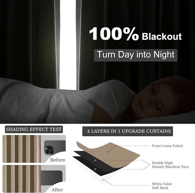Topfinel Taupe Burlap Linen Blackout Curtains & Drapes 86 Inch Length 2 Panels - Image 6
