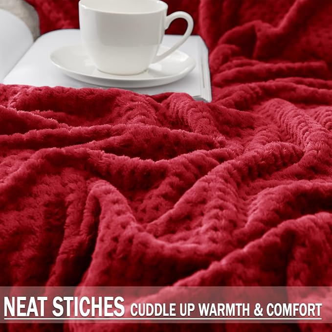 Exclusivo Mezcla Soft Waffle Fleece Bed Blanket Twin Size, Deep Red | - Image 6