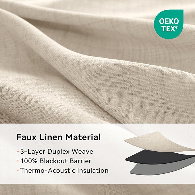 Linen Textured Total Blackout Curtains 84 Inches Long, Natural Flax | 100% - Image 4