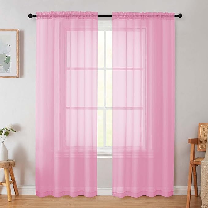 Pink Sheer Curtain for Bedroom Living Room 78 Inches Long 2 Panels Set by WelvetBLK