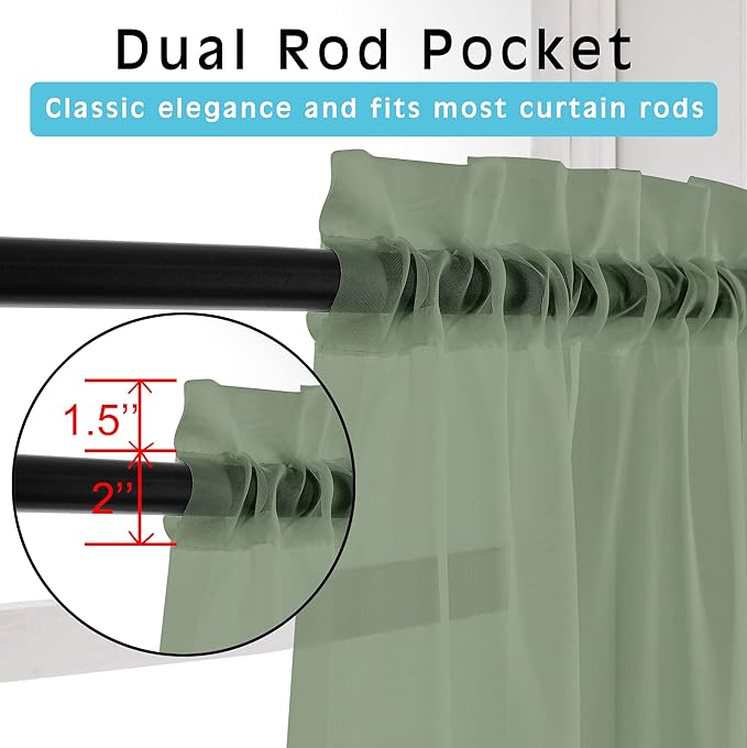Sage Green Sheer Curtains 36 inches Long, Short Kitchen Window Treatment Solid - Image 4