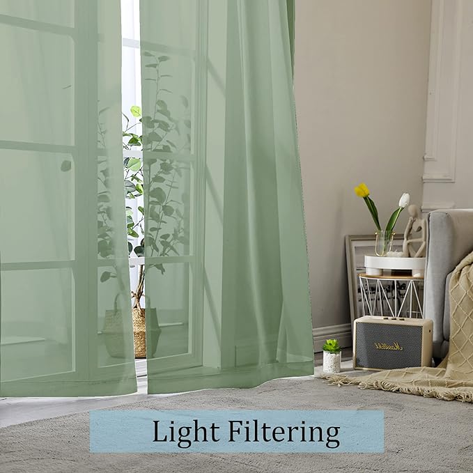 Sage Green Sheer Curtains 96 Inches Long 2 Panels Set, Elegant Sheer Curtains - Image 2