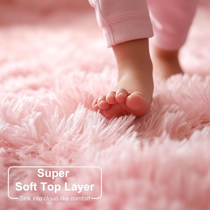 Amdrebio Pink Fuzzy Furry Kids Rug 5x8 - Image 2