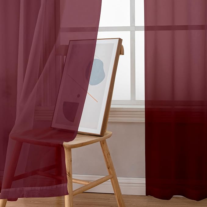 Simplebrand Red Sheer Curtains 63 Inch Length 2 Panels, Rod Pocket Solid Color - Image 2