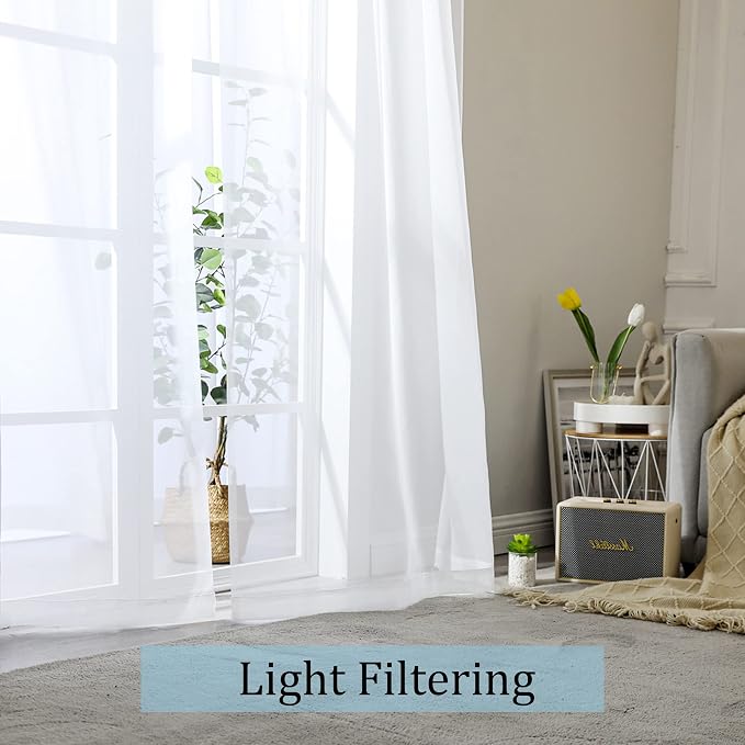 Sheer White Curtains Living Room 54 inches Long, Rod Pocket Curtain Sheers - Image 2
