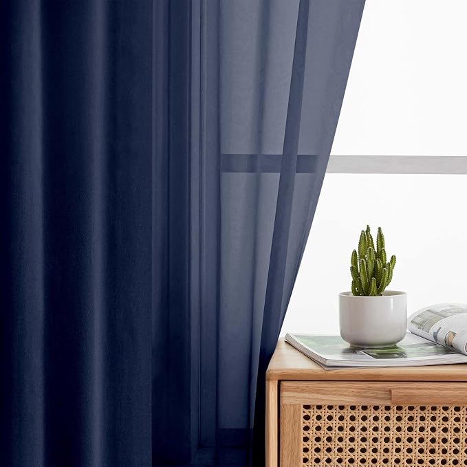 Sheer Navy Blue Curtains for Bedroom Living Room 90 Inches Long 2 Panels Set - Image 3