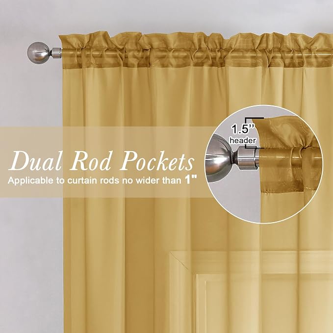 Gold Sheer Curtains 78 Inches Long 2 Panels, Breathable Solid Voile Light - Image 2