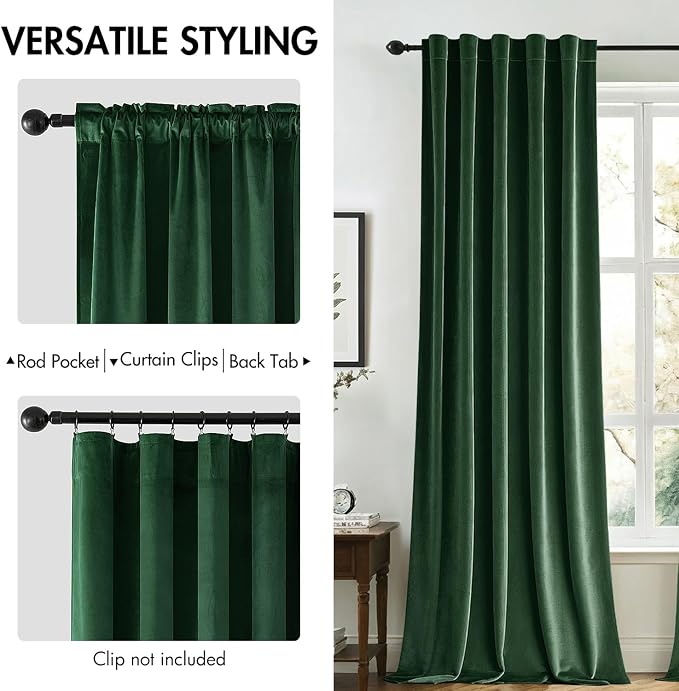 MIULEE Velvet Curtains 52x90 inches 2 Panels Hunter Green Blackout Curtains | - Image 2