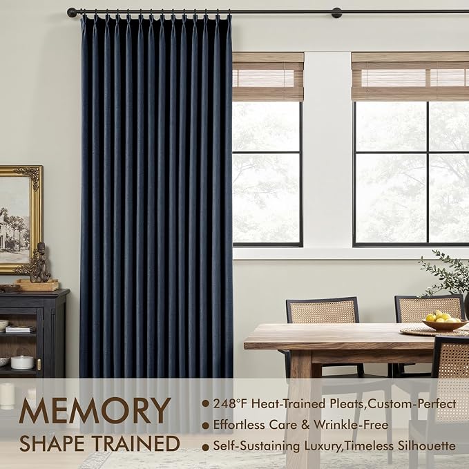 MIULEE Navy Blue Pinch Pleated 100% Blackout Linen Curtains 40x63 Inches | Room - Image 3
