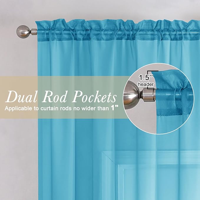 Turquoise Sheer Curtains 63 Inch Length 2 Panels, Light Filtering Voile Airy - Image 2