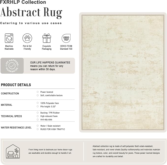 10x14 Area Rug Living Room: Modern Washable Indoor Carpet Beige | - Image 2
