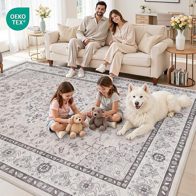5x7 Area Rugs Living Room: Bedroom Washable Carpet Beige & Grey | Large Vintage - Image 8
