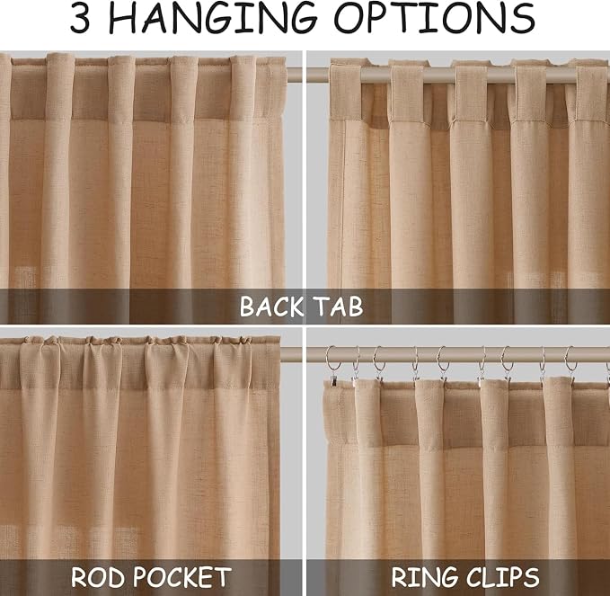 Camel Linen Curtains for Living Room 94 Inches Long Back Tab and Rod Pocket - Image 2