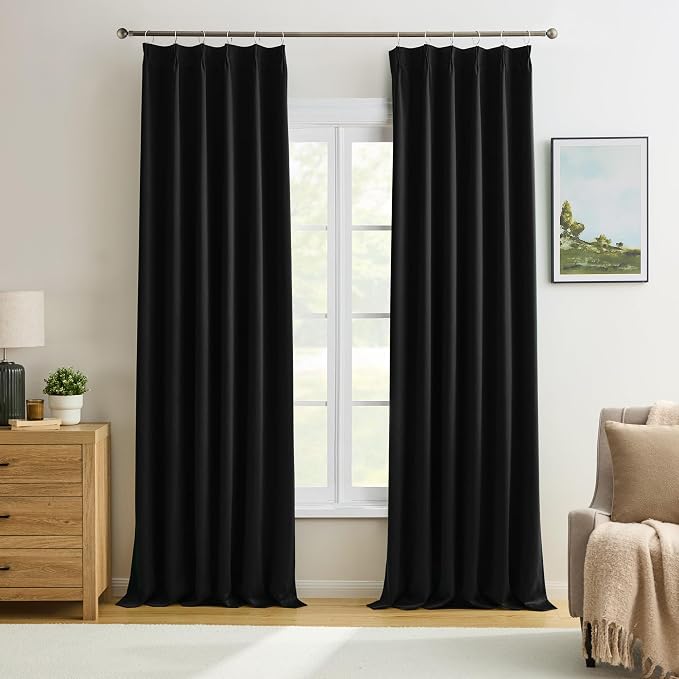 Black Pinch Pleated Curtains 144 Inches Long Wall Curtains, Elegant and Sleek by KEQIAOSUOCAI