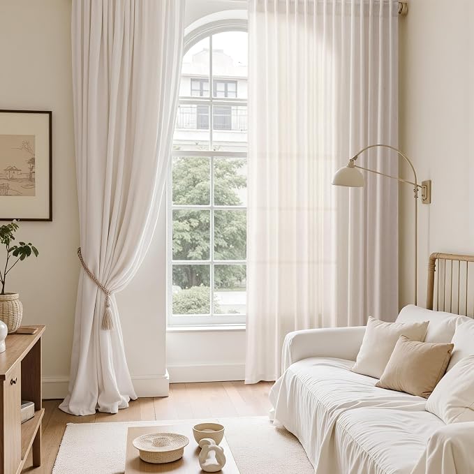 Ivory White Linen Curtains for Living Room 126 Inches Long Light Filtering Semi - Image 8