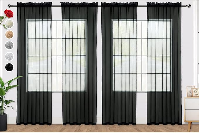 SpaceDresser Black Sheer Curtains 4 Panels Rod Pocket Semi-Sheer Curtain 72 by SpaceDresser