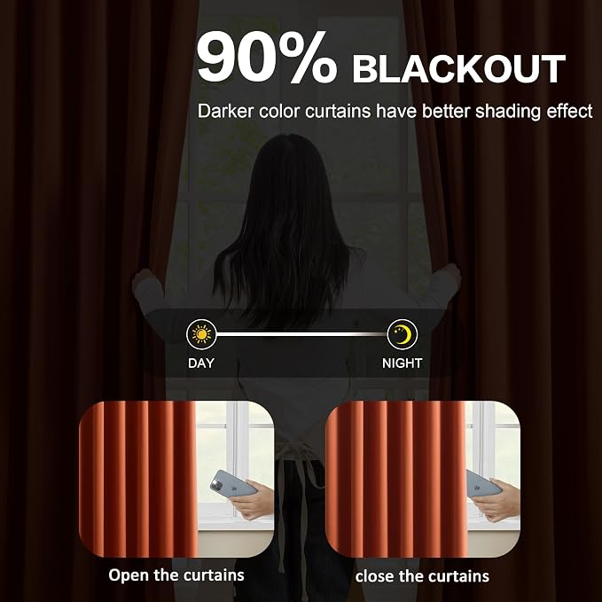 Burnt Orange Window Curtains 63 Inches Long, Block Out Room Darkening Insulated - Image 3
