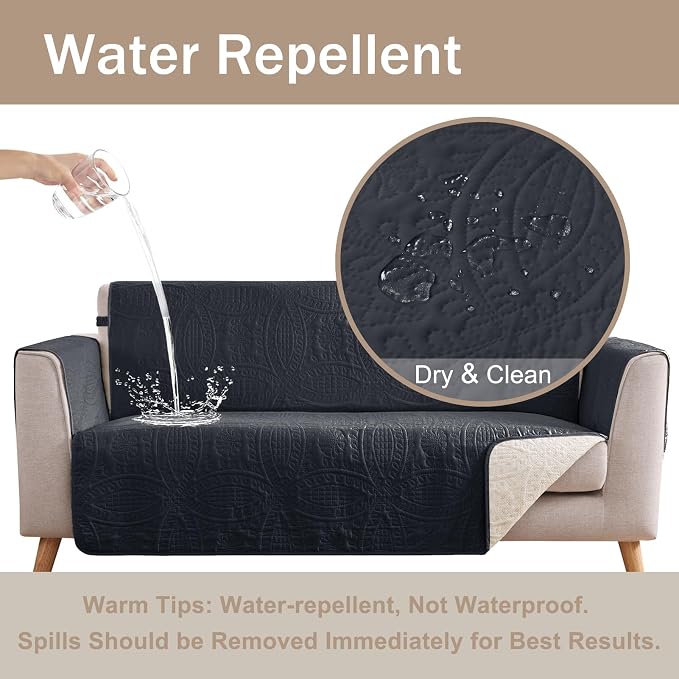 Black Loveseat Covers 2 Cushion Couch, Water-Repellent Sofa Cover - Image 3