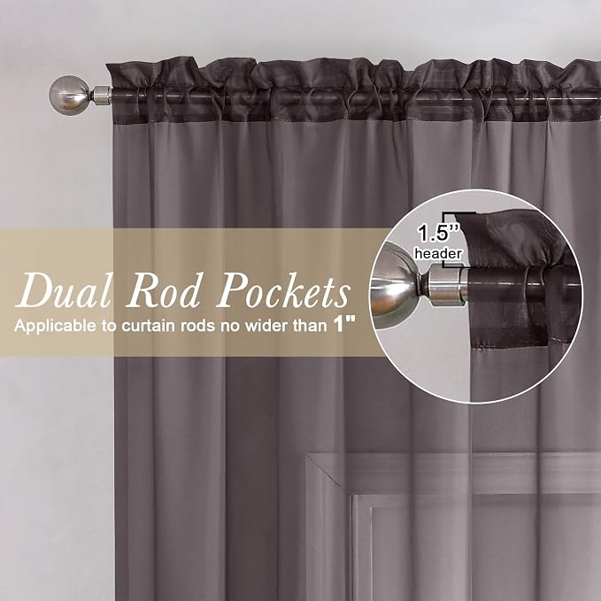 Chocolate Sheer Curtains 96 Inches Long 2 Panels, Voile Breathable Sheer Curtain - Image 2