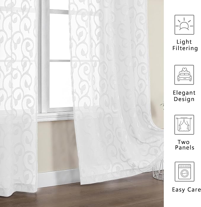 Furman Sheer White Curtains 45 Inch Length 2 Panels Set, Airy Jacquard Clip - Image 6