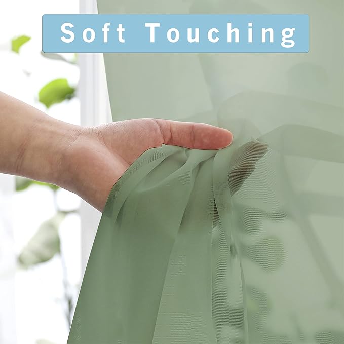 Sheer Curtains, Sage Green Sheer Curtains 84 inch Length 2 Panels Set, Rod - Image 4