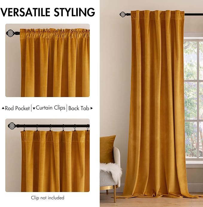 MIULEE Velvet Blackout Curtains 52x90 inches 2 Panels Mustard Yellow | Luxury - Image 2