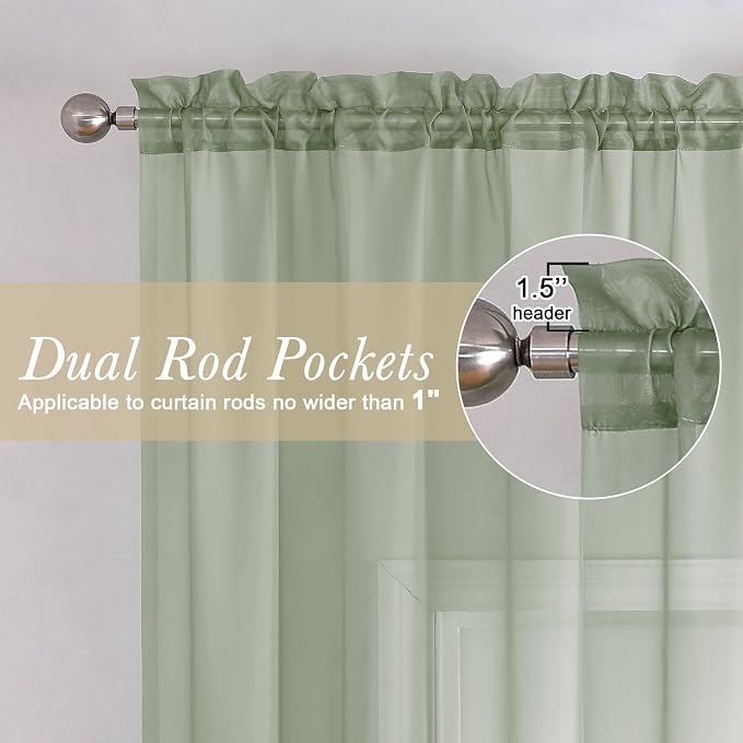 Sage Green Sheer Curtains 108 Inches Long 2 Panels, Extra Wide Airy Voile Sheer - Image 4