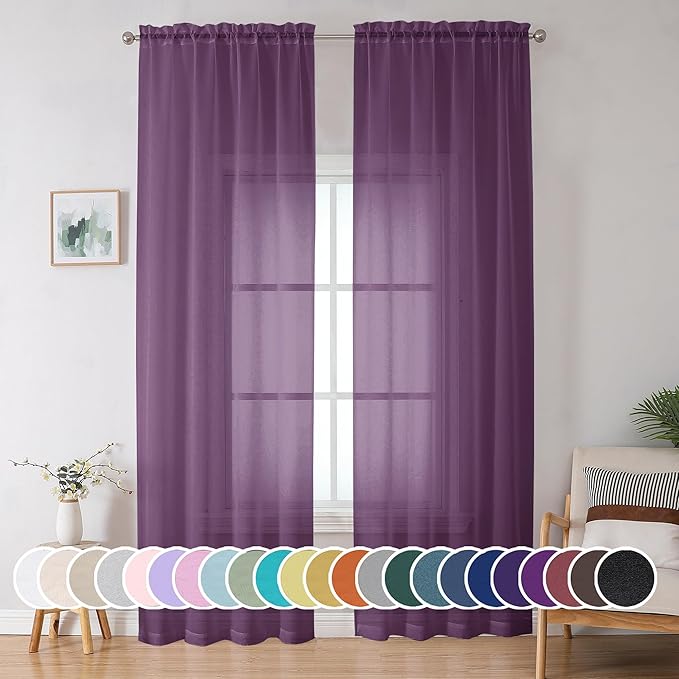 Sheer Curtains 96 Inches Long 2 Panels Set, Transparent Light Filtering Plam by OWENIE