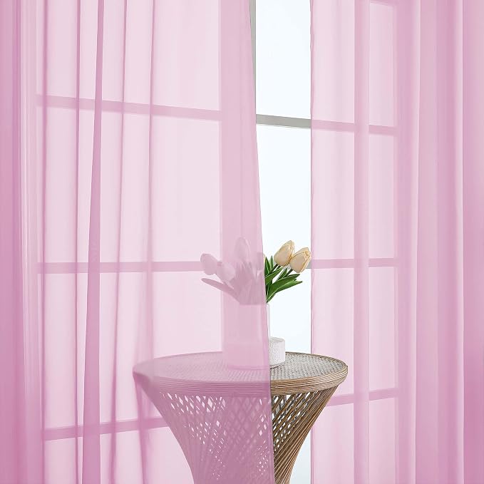 Pink Sheer Curtains 72 Inches Long 2 Panels Set, Transparent Voile Sheer Curtain - Image 3