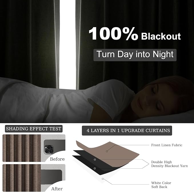 Topfinel 100% Blackout Curtains 102 Inch Long Linen Thermal Insulated Window - Image 3