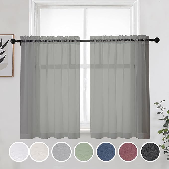 Short Grey Sheer Curtains 36 Inches 2 Panels Set by OWENIE