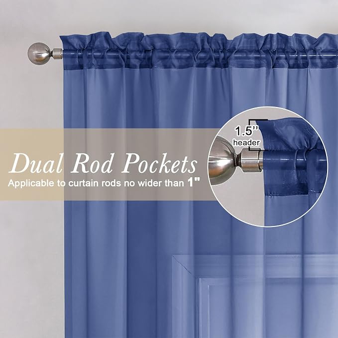 Royal Blue Sheer Curtains 96 Inches Long 2 Panels, Farmhouse Voile Sheer Curtain - Image 2