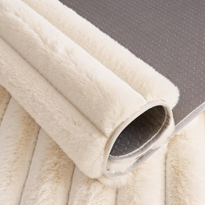 Creamy White Rabbit Striped Plush Rug 5'x8', Fluffy Faux Fur Shaggy Area Rug - Image 5