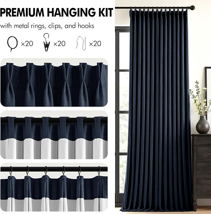 MIULEE Navy Blue Pinch Pleated 100% Blackout Linen Curtains 40x63 Inches | Room - Image 8