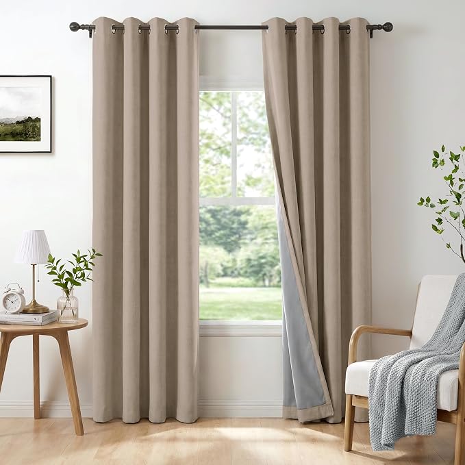100% Blackout Linen Textured Curtains 90 Inch Long, Burlywood Birch | 100% by 100BlackoutShield