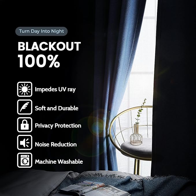 SimpleHome Navy Blue 100% Blackout Curtains Room Darkening Living Room 96 | - Image 3